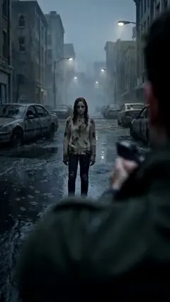 Zombie AI trend frame at 2 s: she stands as a zombie on an empty rain-soaked street