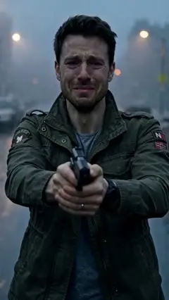 Frame at 6 s: he aims a pistol at her, crying