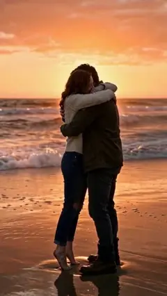 Frame at 13 s, after the cut: the same hug on a sunset beach