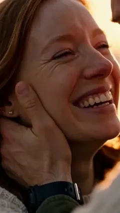 Frame at 15 s: she laughs, alive, his hand on her cheek